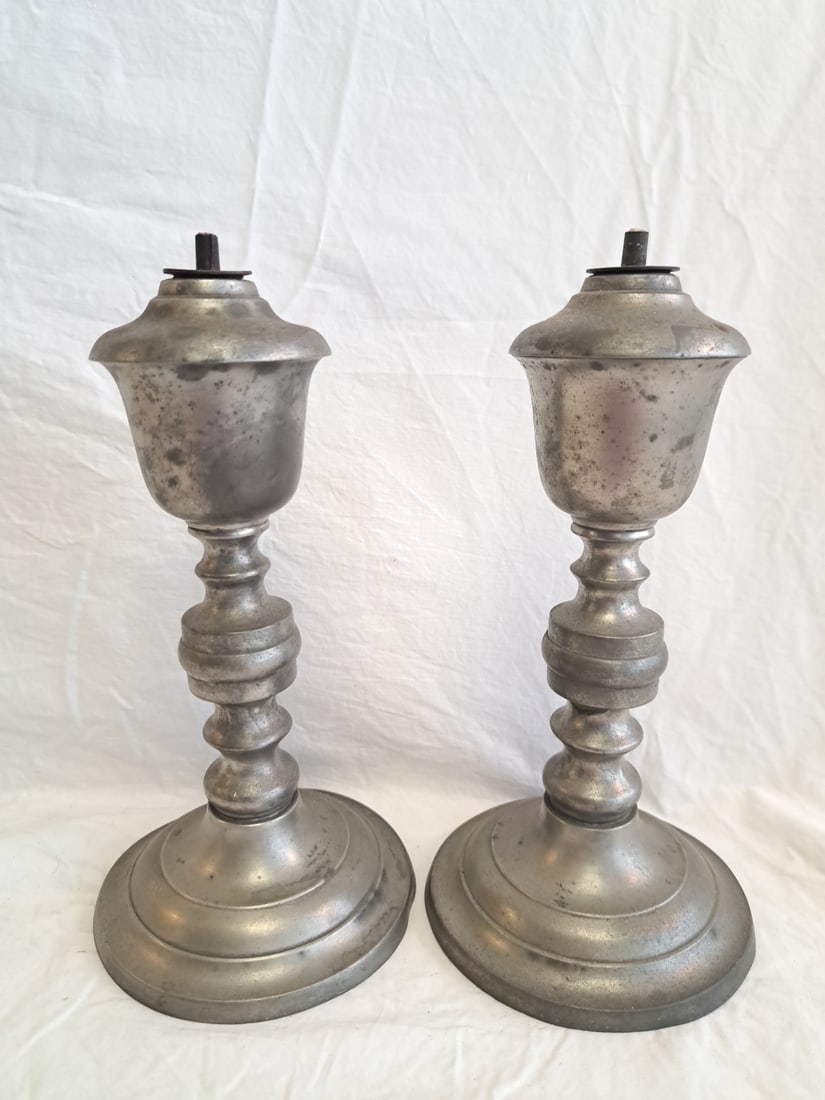 Pair of Pewter Whale Oil Lamps signed Freeman Porter, Westbrook, Maine.: From a Private Maine Collection. 9" tall x 4 1/4" at base.