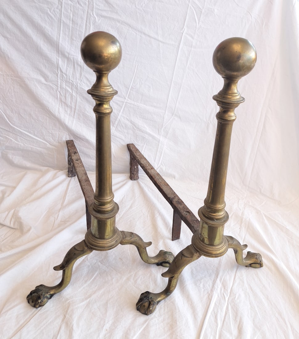 Pair of Early Ball and Claw Foot Ball Top Andirons. (1 of 11)