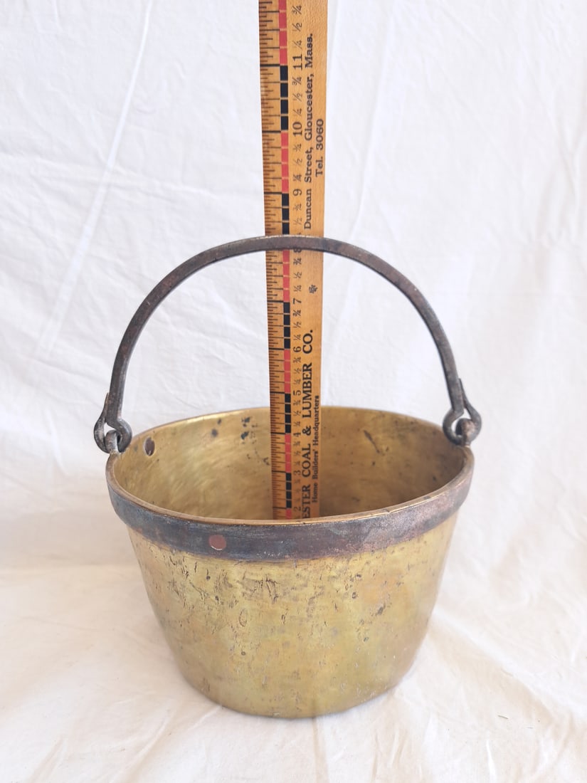 Early Brass Pot with Wrought Iron Banding & Handle. (1 of 7)