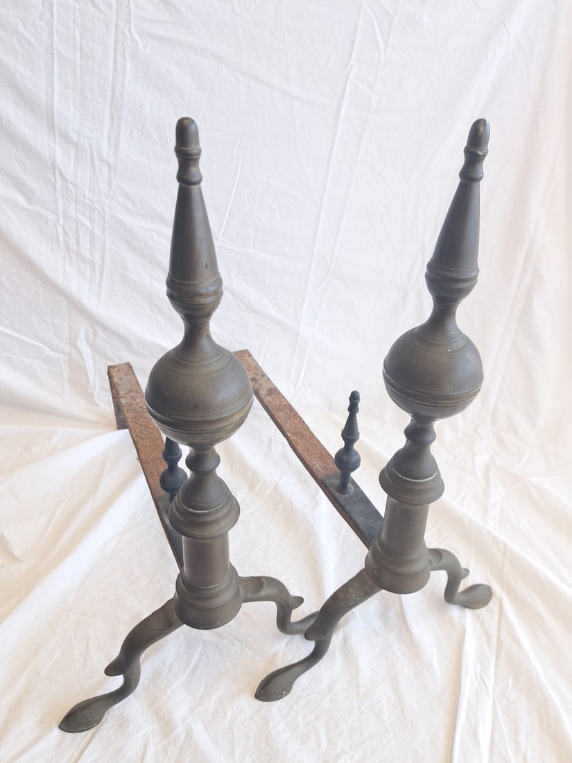 Pair of Brass Steeple Top Andirons Signed B. Edmands (1 of 10)
