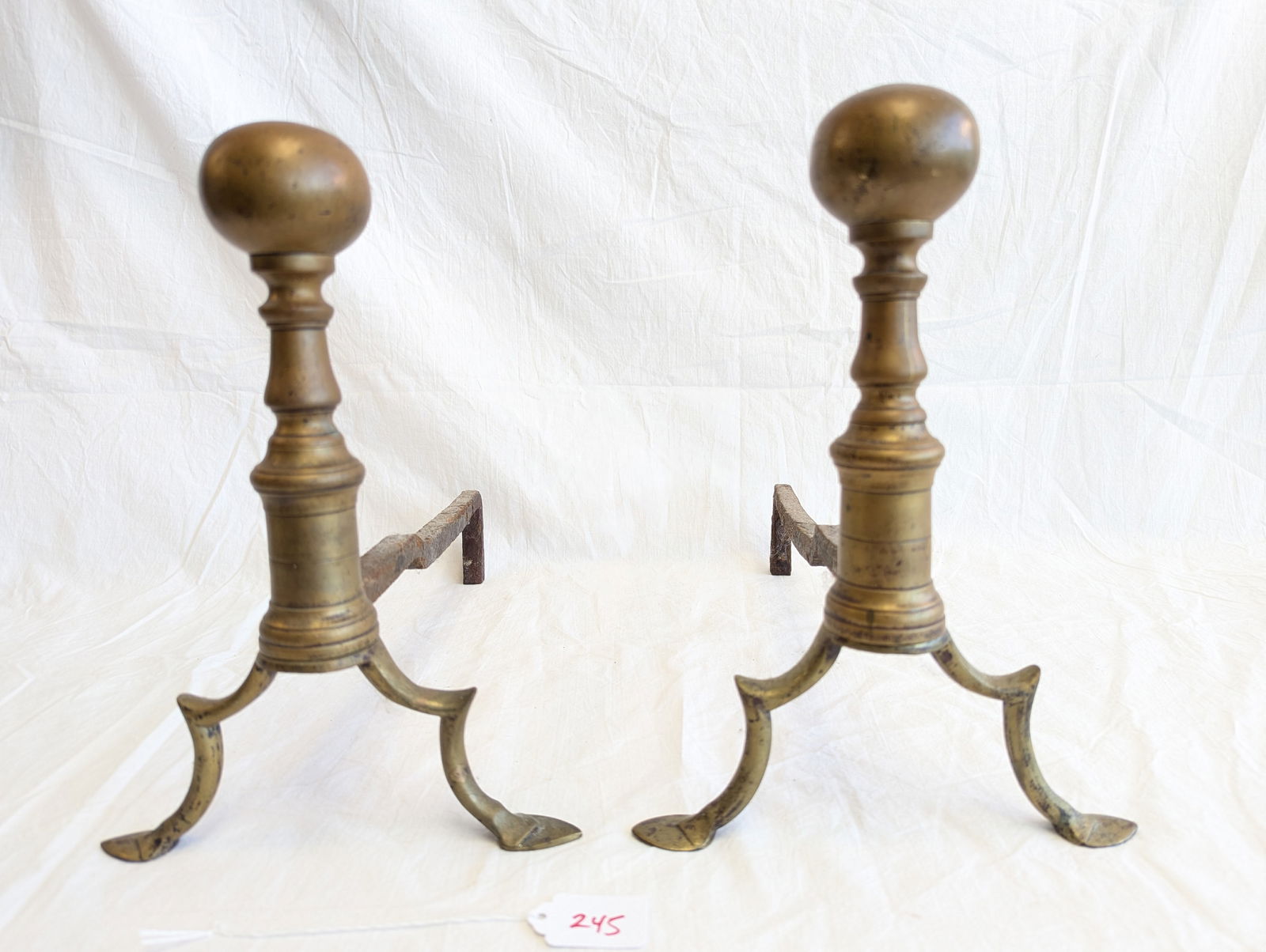 Early Brass and Wrought Iron Andirons.: 12" tall x 8 1/2" wide x 14" deep.