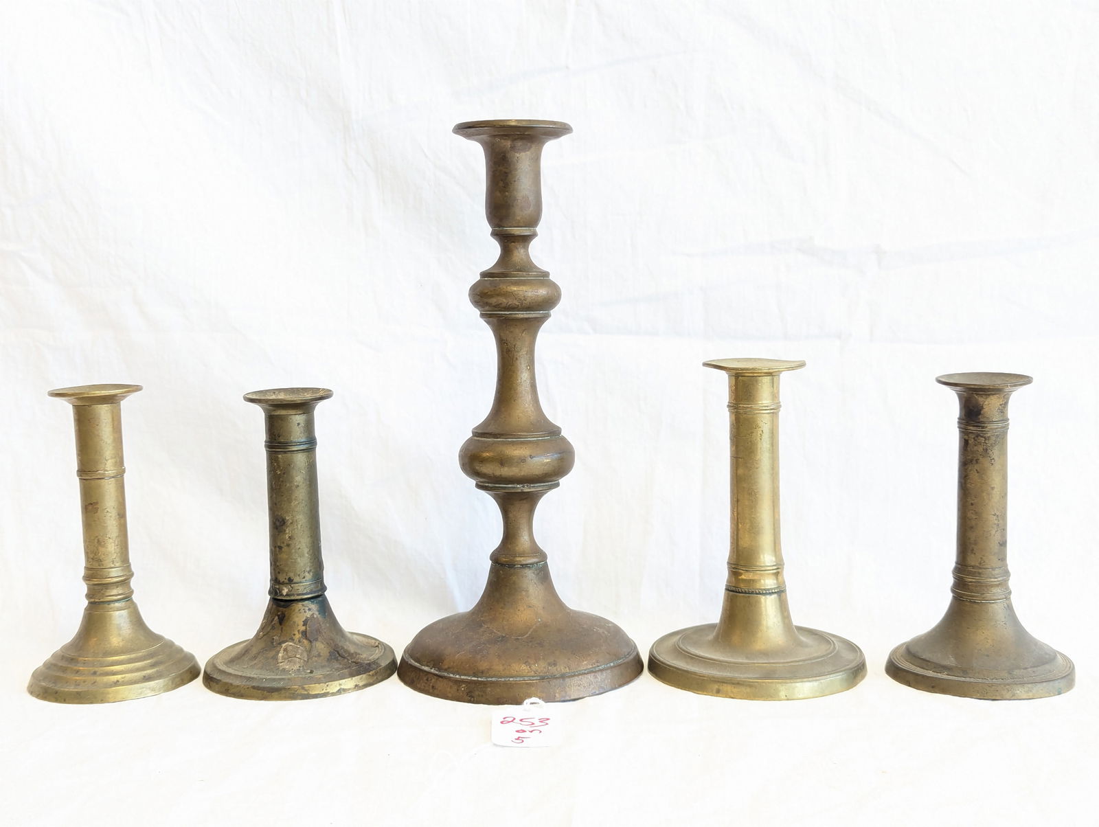 Lot of Five Early Brass Candlesticks. (1 of 17)