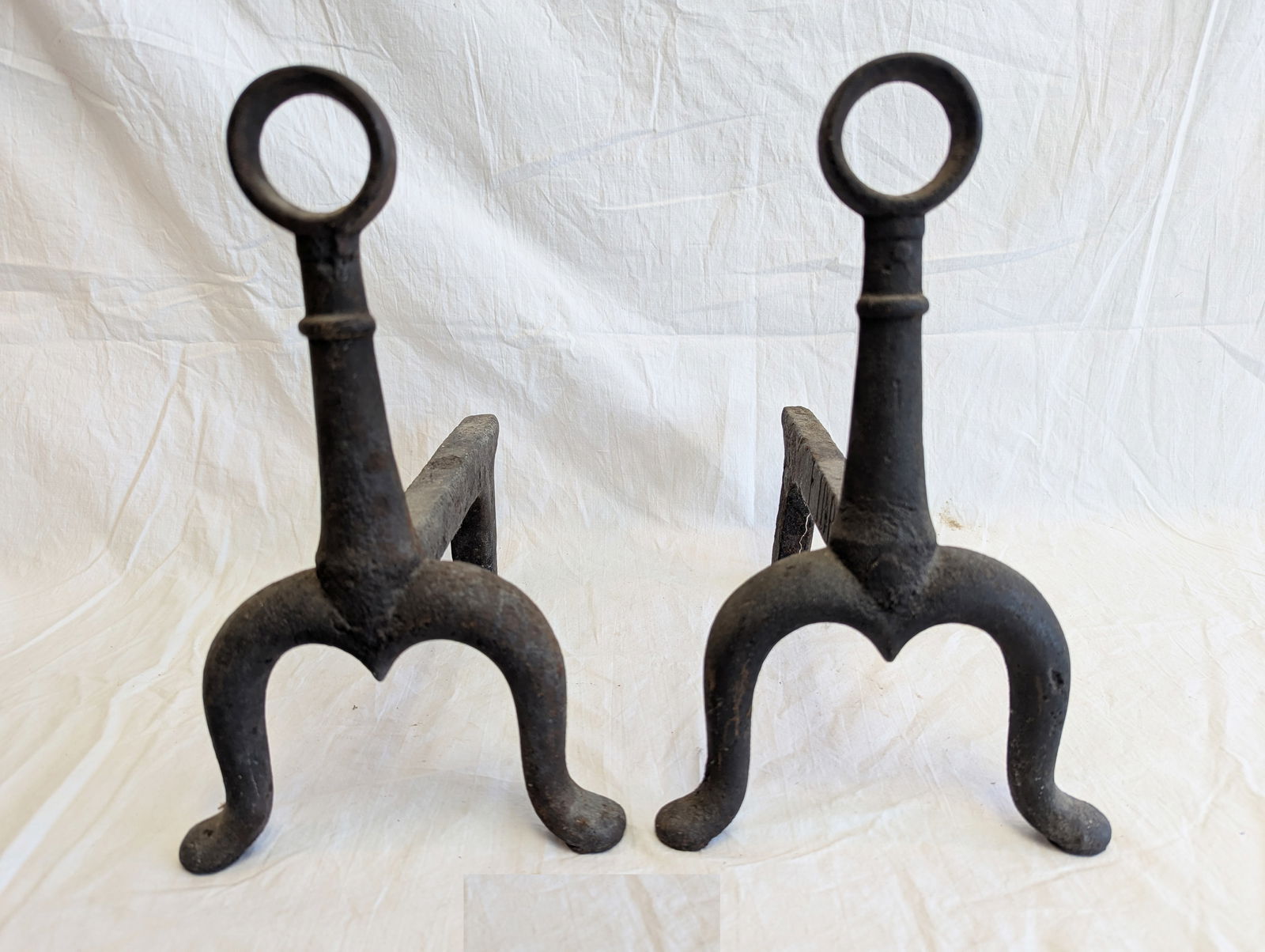 Early Cast Iron Andirons: 14" tall x 7" wide x 12" deep