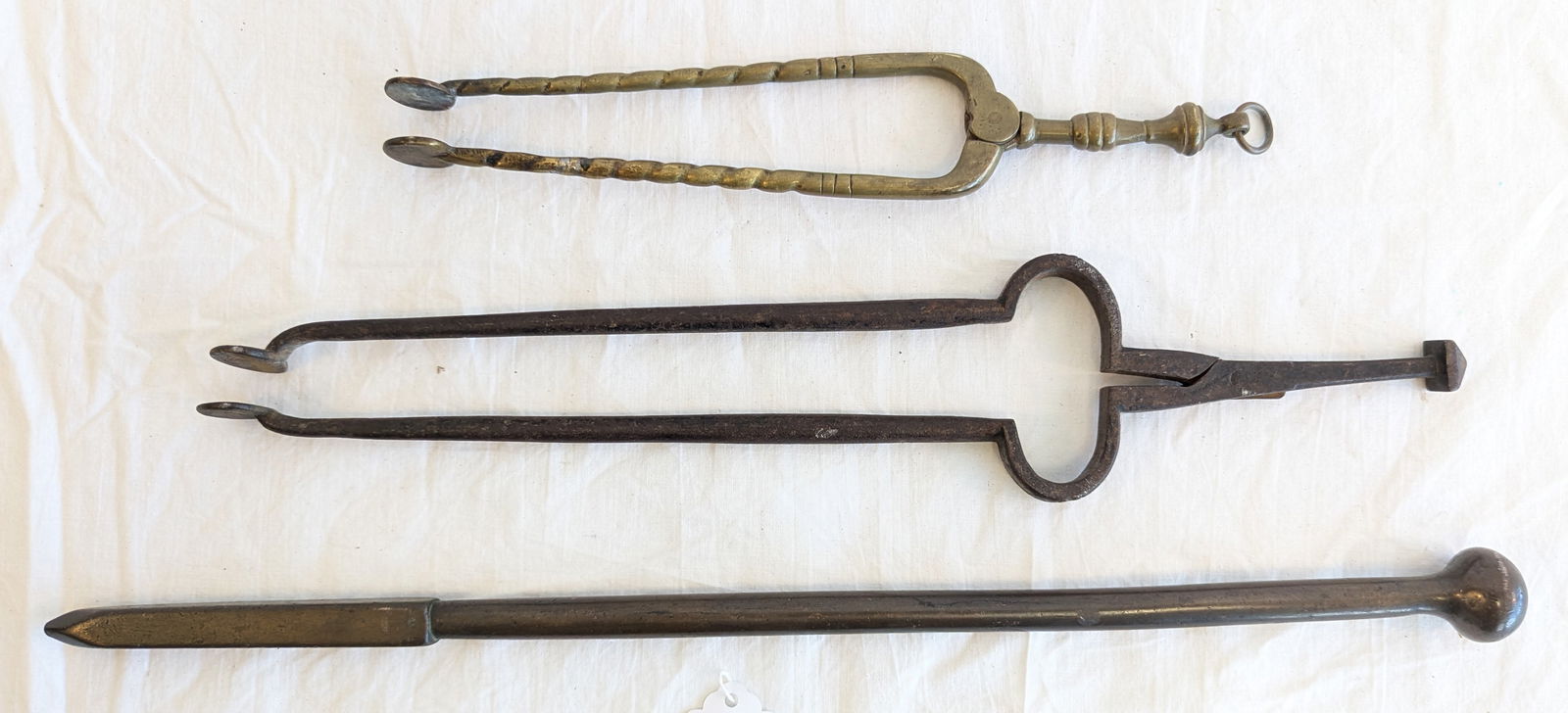 Lot of Two Early Tongs & One Bronze Iron.: Iron: 16" x 1" Tongs: Aprrox 10" x 2"