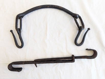 Lot of Two Early Fireplace Tools.: Trammel:12" x 1" x 1 1/2"Pot Hanger: 9 1/2" x 6"