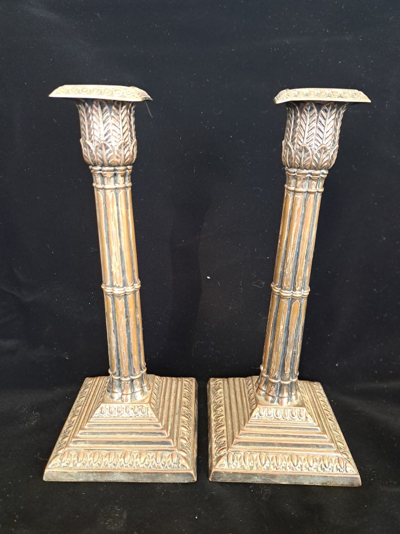 Pair of 18th Century Acanthus Decorated Column Candlesticks: 8 1/4" tall x 3 3/4" at base. Please take the time to research the cost of shipping for the items that your are interested in. Shipping large, or heavy items can be considerably more than you might in