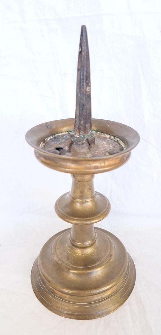 15th Century French Brass & Wrought Iron Pricket Candlestick: 10" tall x 5" at base. Please take the time to research the cost of shipping for the items that your are interested in. Shipping large, or heavy items can be considerably more than you might initially