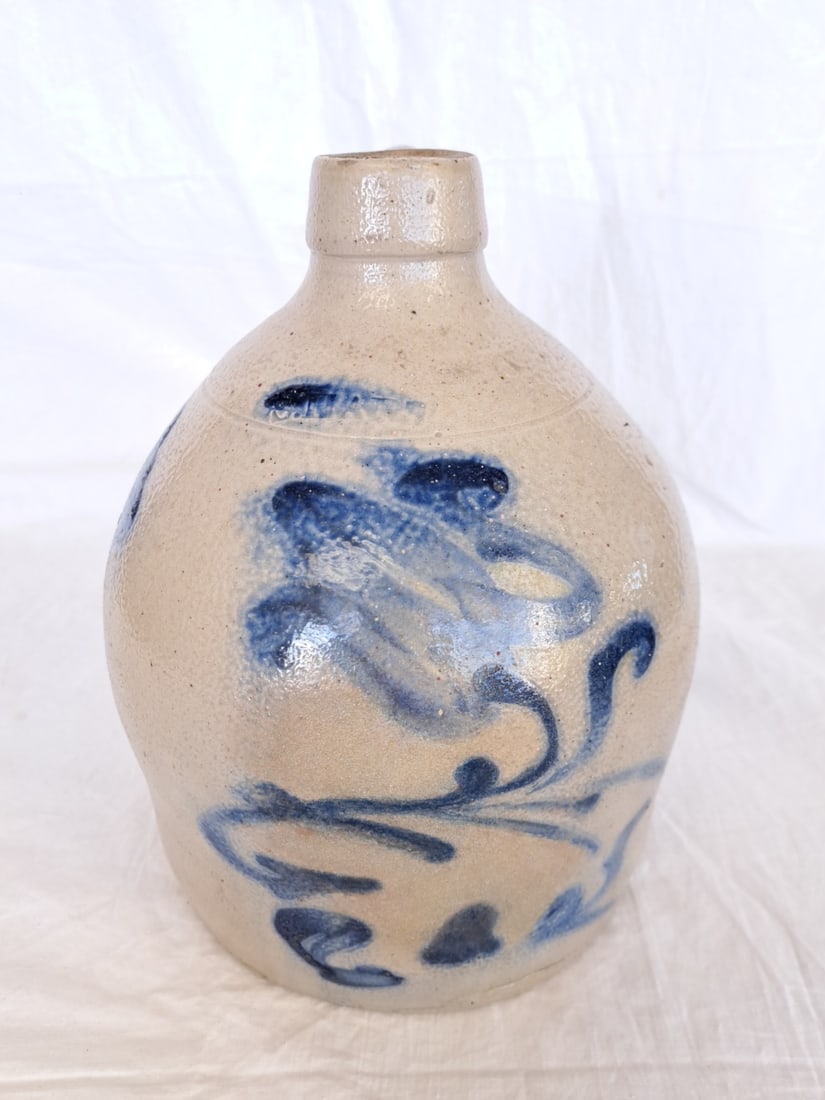 19th Century Stoneware Crock with Handle and Blue Decoration (1 of 8)