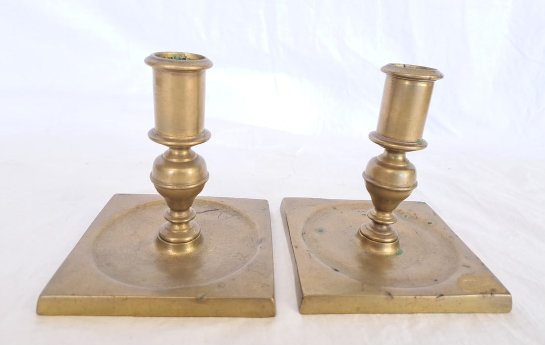 Pair of Spanish Neoclassical Brass Candlesticks.: 4 1/2" tall x 4" x 4" at base. Please take the time to research the cost of shipping for the items that your are interested in. Shipping large, or heavy items can be considerably more than you might i