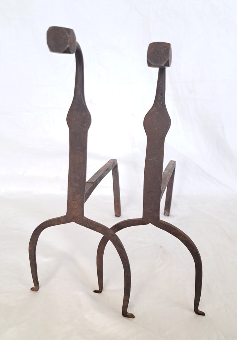 Pair of 18th Century Wrought Iron Andirons Signed F. Pressey: 11" tall x 5" wide x 8 3/4" deep. Please take the time to research the cost of shipping for the items that your are interested in. Shipping large, or heavy items can be considerably more than you migh
