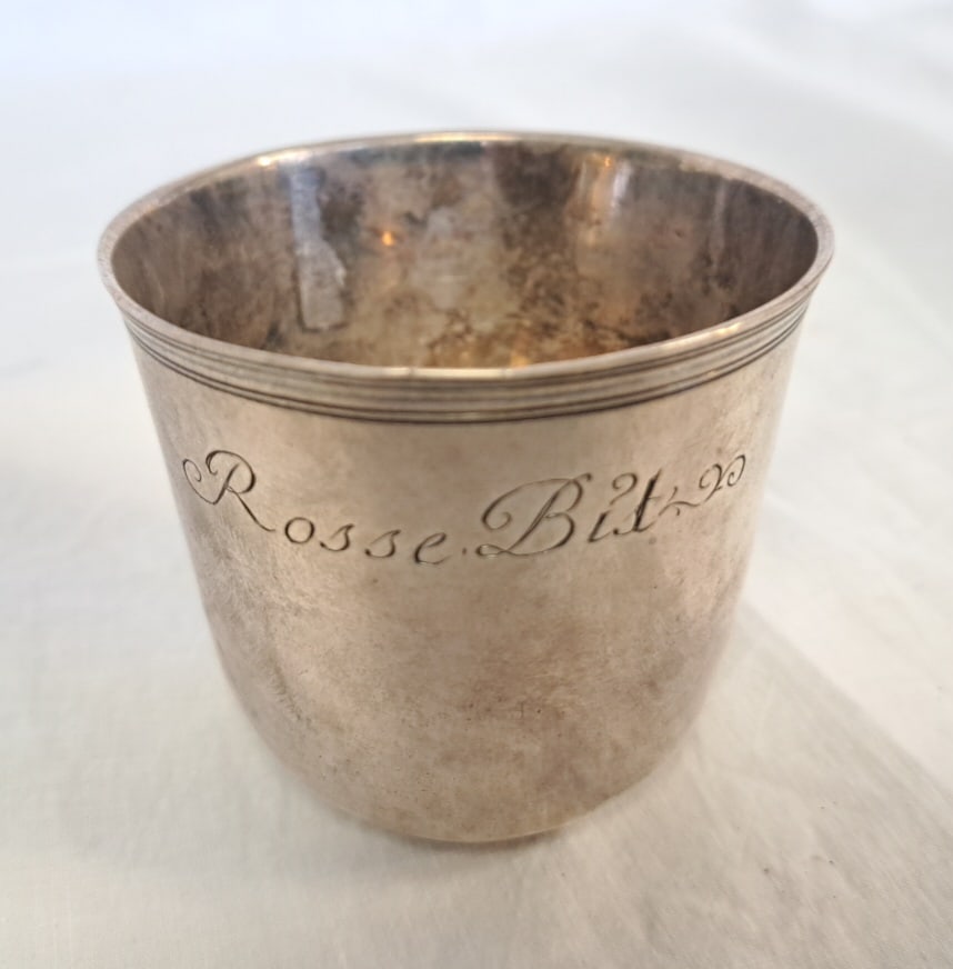 c. 1800 silver English Wine Cup engraved "Rosse Bit.": 2 1/4" tall x 2 1/8" wide at top. 2.43 ozt Please take the time to research the cost of shipping for the items that your are interested in. Shipping large, or heavy items can be considerably more than