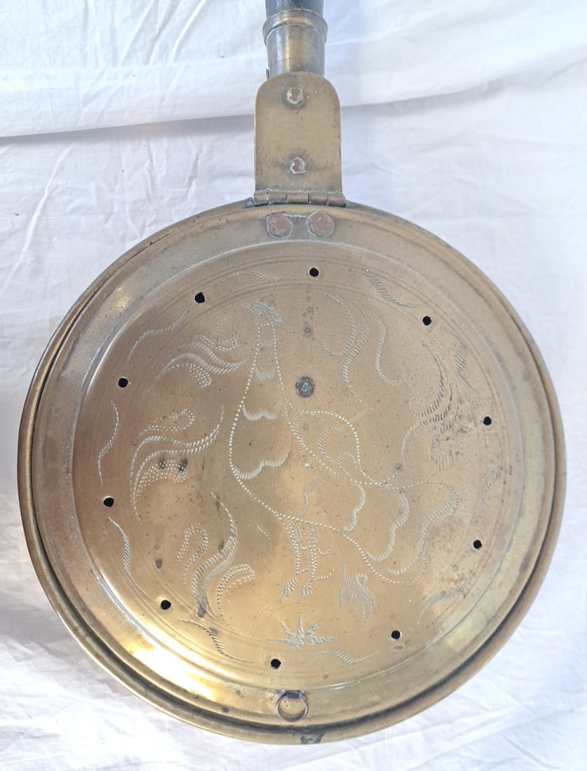 Early Incised Brass and Wood Bedwarmer (1 of 5)