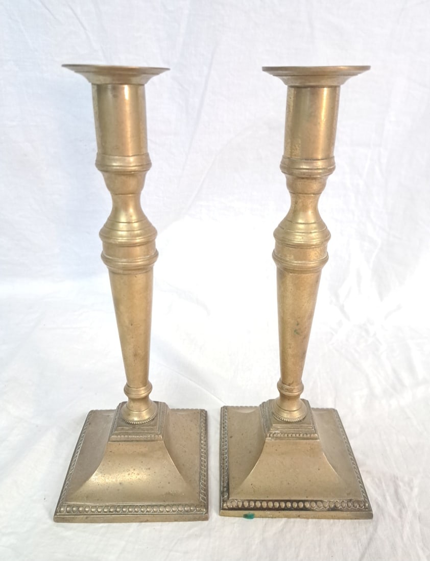 Pair of Early French Brass Candesticks: 9 3/4" x 3 3/4" at base.