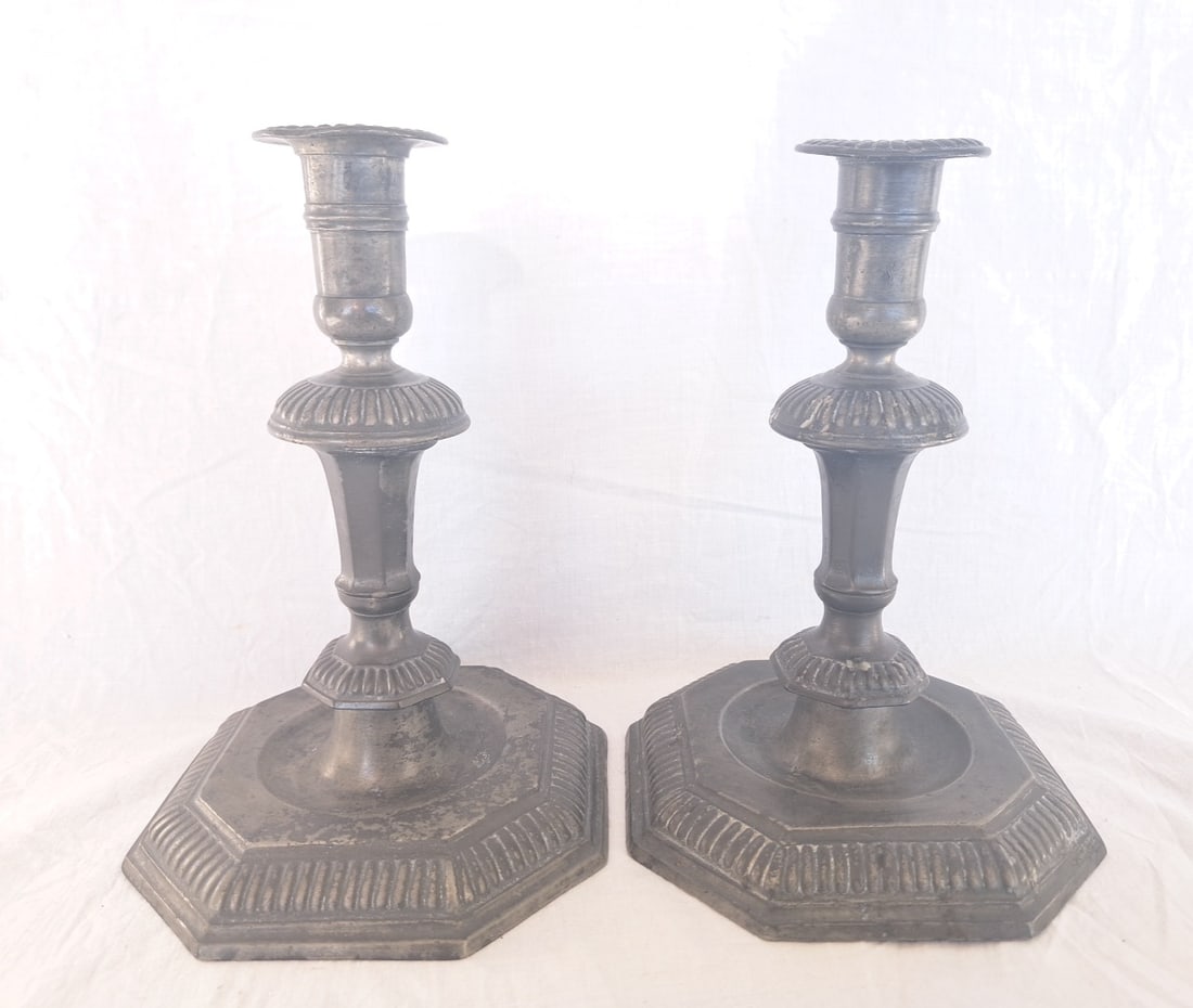 c. 1680 Pair of French Pewter Candlesticks- Stamped (1 of 9)