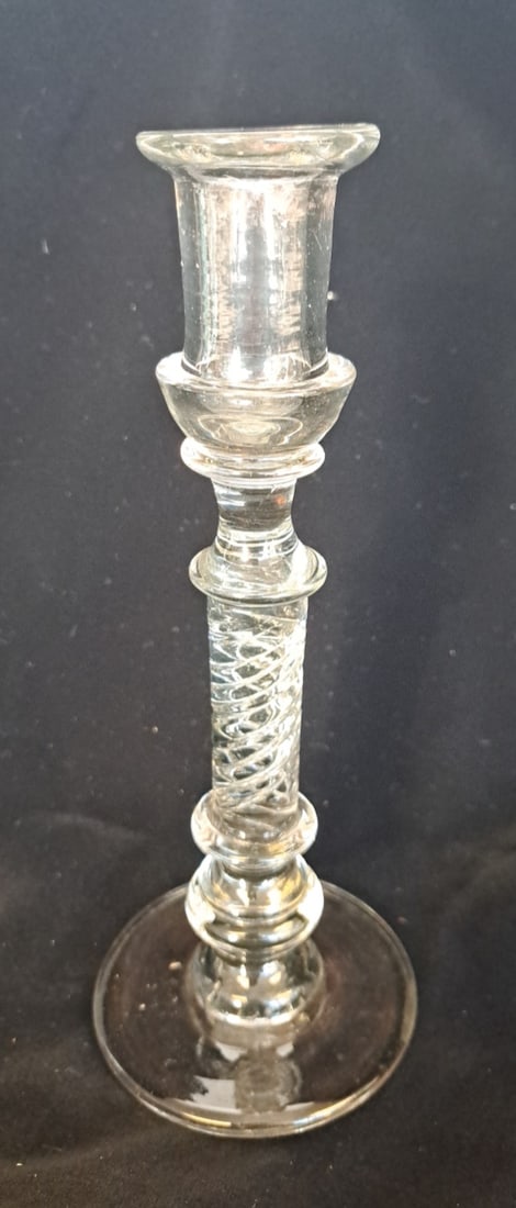 18th Century English Glass Candlestick: 8 3/8" tall x 3 1/4" wide at base.