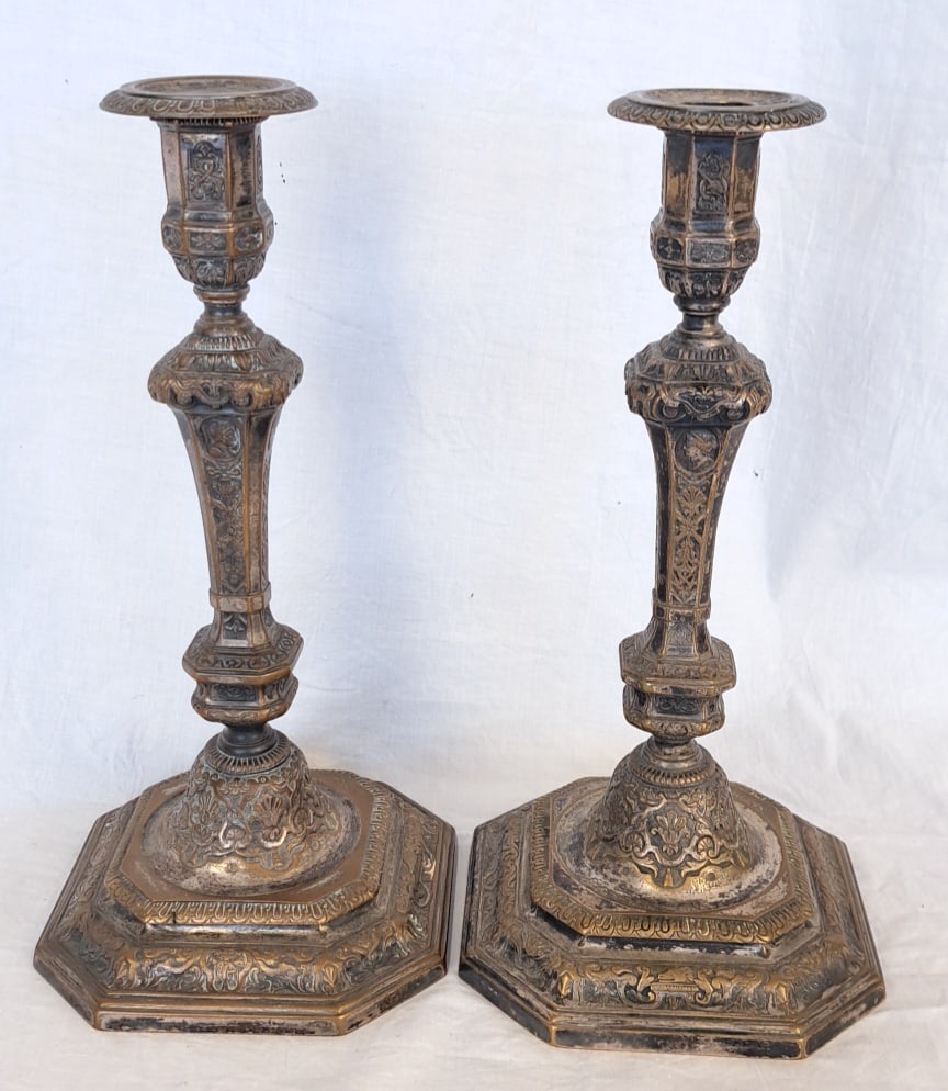 Pair of c.1780 Silver Plated Central European Candlesticks: 11 1/8" tall 5 1/2" at base