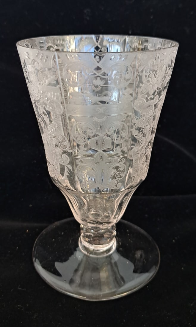 17th Century Engraved Celesian Glass Pedistal Candlestick- Diminutive (1 of 7)