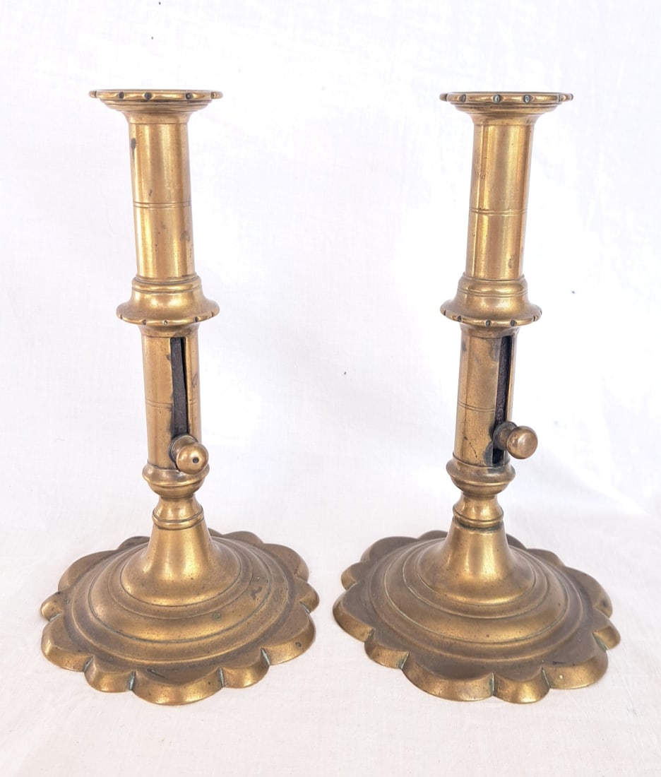 Pair of c.1760 English Petal Base Push- Up Candlesticks: 7 5/8" tall x 4 1/4" x 4 1/4"