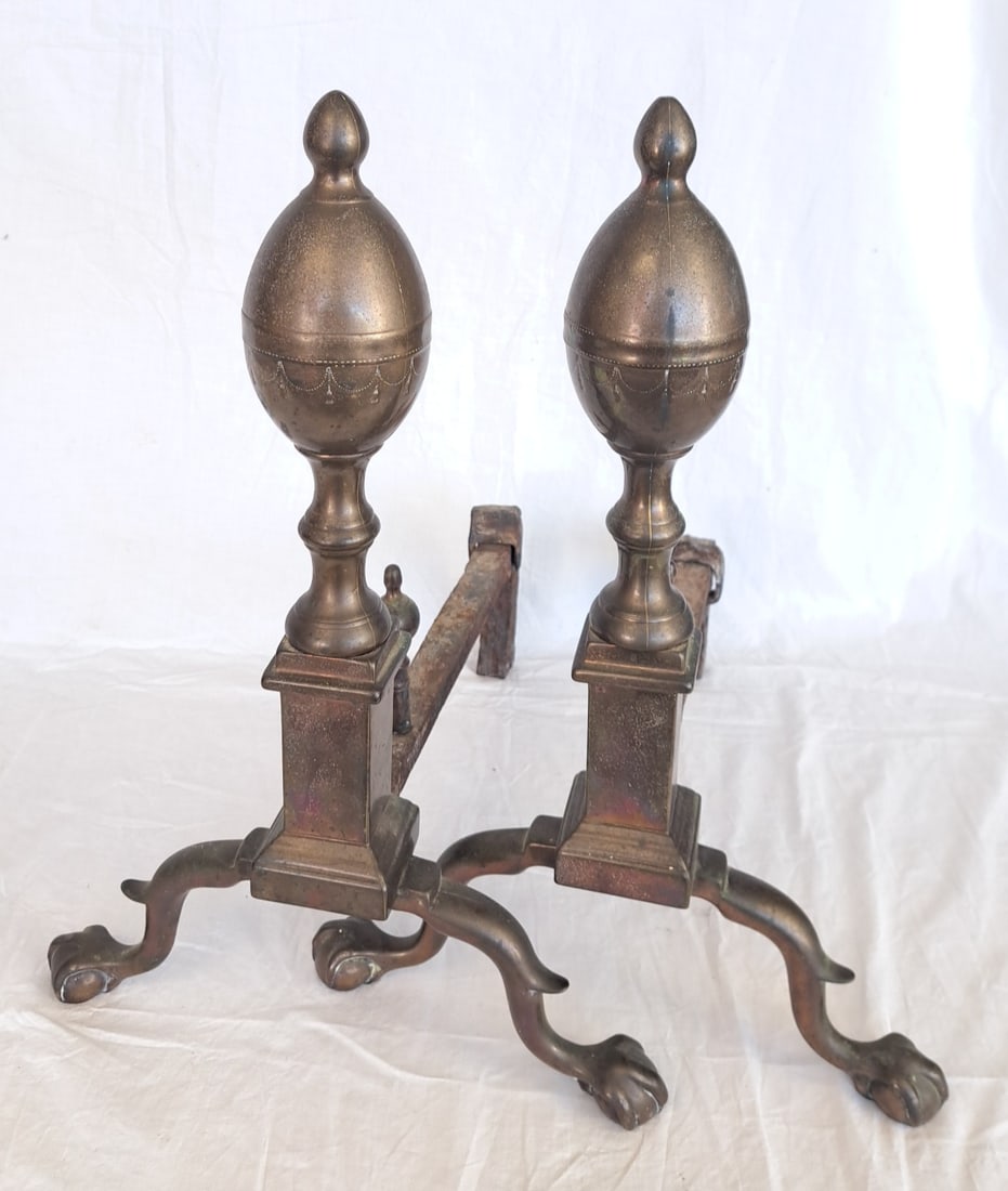 Pair of Federal Lemon Top Andirons with Claw Feet with Engraving: 20 1/4" tall x 7" wide x 14" deep.