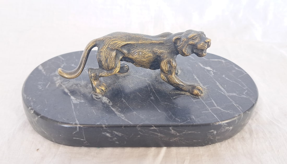 Bronze Tiger on Marble Base: 2 1/2" tall x 6 1/2" long x 3 1/2" wide