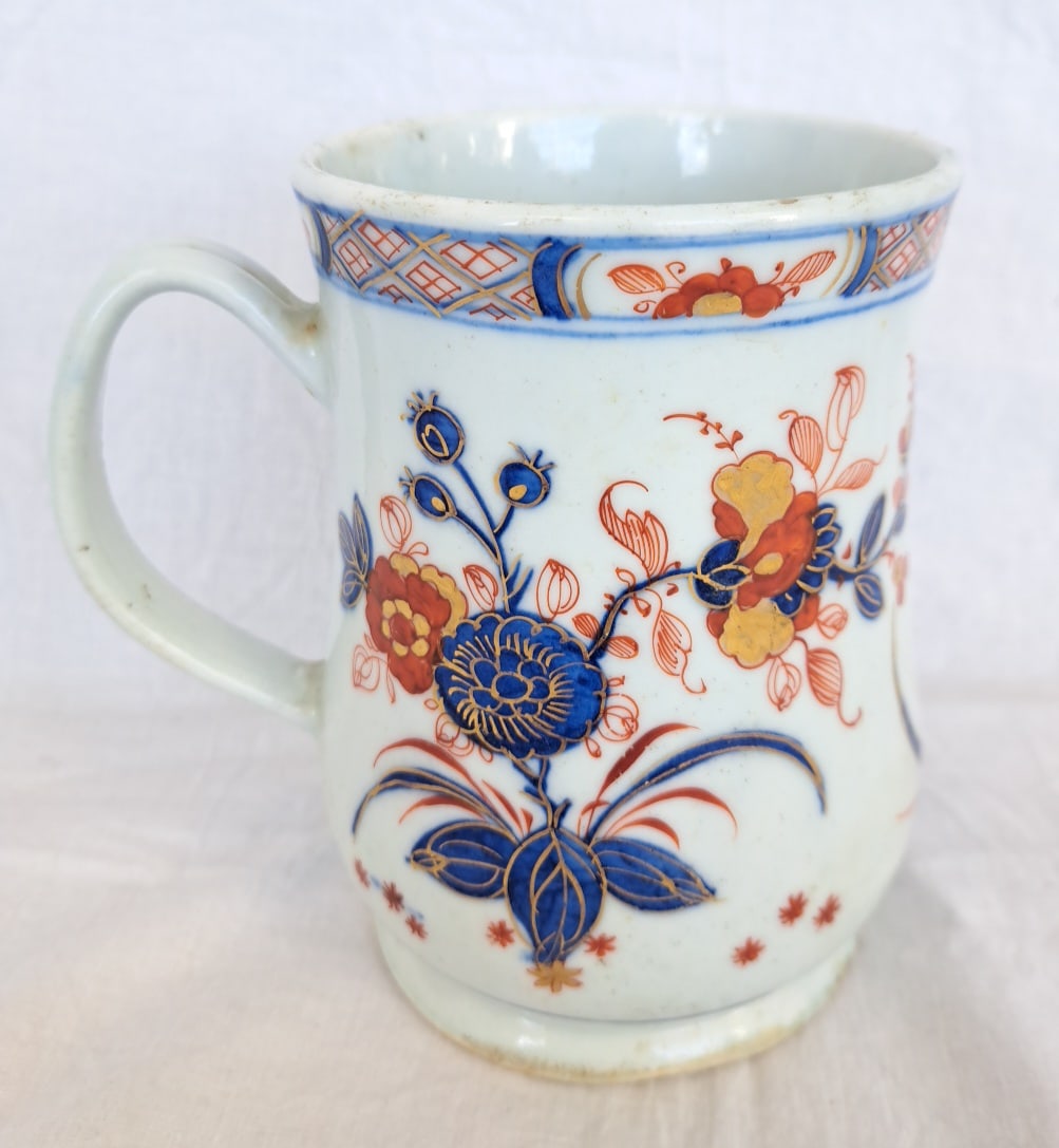 Early Chinoiserie Decorated Ceramic Bow Tankard c. 1760: 5 3/4" tall x 5 1/2" with handle x 4 1/4" at base.