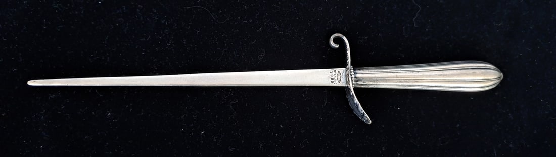 Sterling Letter Opener by George W. Shiebler: Stamped "7985" with Hallmark. 10 1/2" long x 2" x 5/8" Overall weight 1.87 ozt