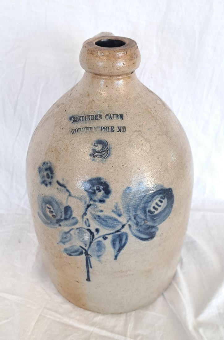 19th Century Stoneware Jug with Blue Flowers by Riedinger Caire Poughkeepsie, NY (1 of 6)