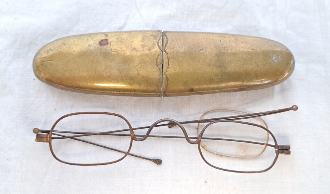 Engraved Brass Spectacle Case with Spectacles (1 of 4)