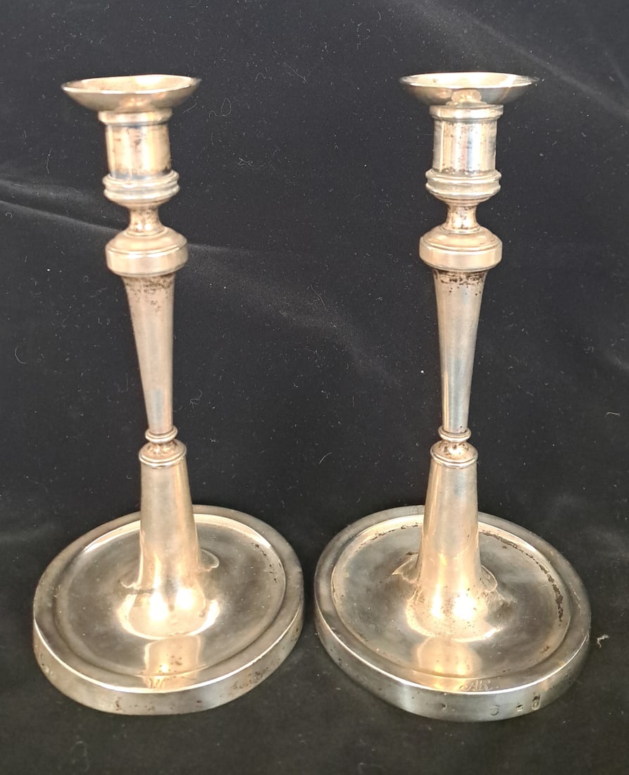 Pair of Hallmarked German Silver Candlesticks: 9 1/4" tall x 4 5/8" at base. Engraved "AR" 12.60 ozt each