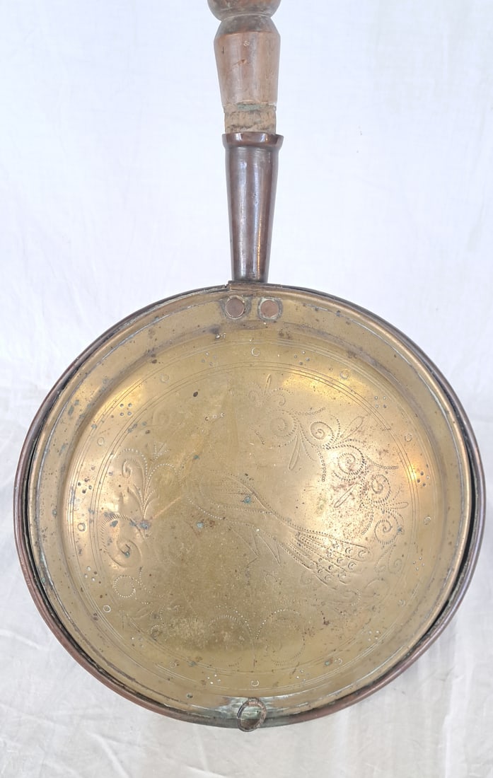 19th Century Brass and Wood Bedwarmer with Bird Engraved on Pan (1 of 5)