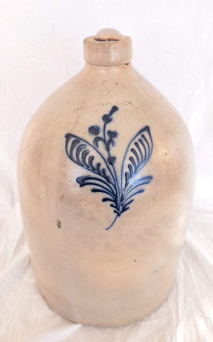 19th Century Edmands & Co. Stoneware Jug with Blue Decoration: 15" tall x 1" wide