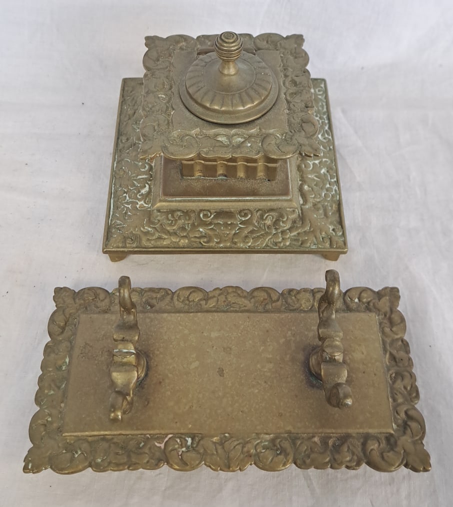 Brass Inkwell with Glass Liner and Brass Pen Holder: Ink Well: 3 1/2" tall x 4" Pen Holder: 5 1/2" long x 2 1/2" wide x 1 3/4" tall