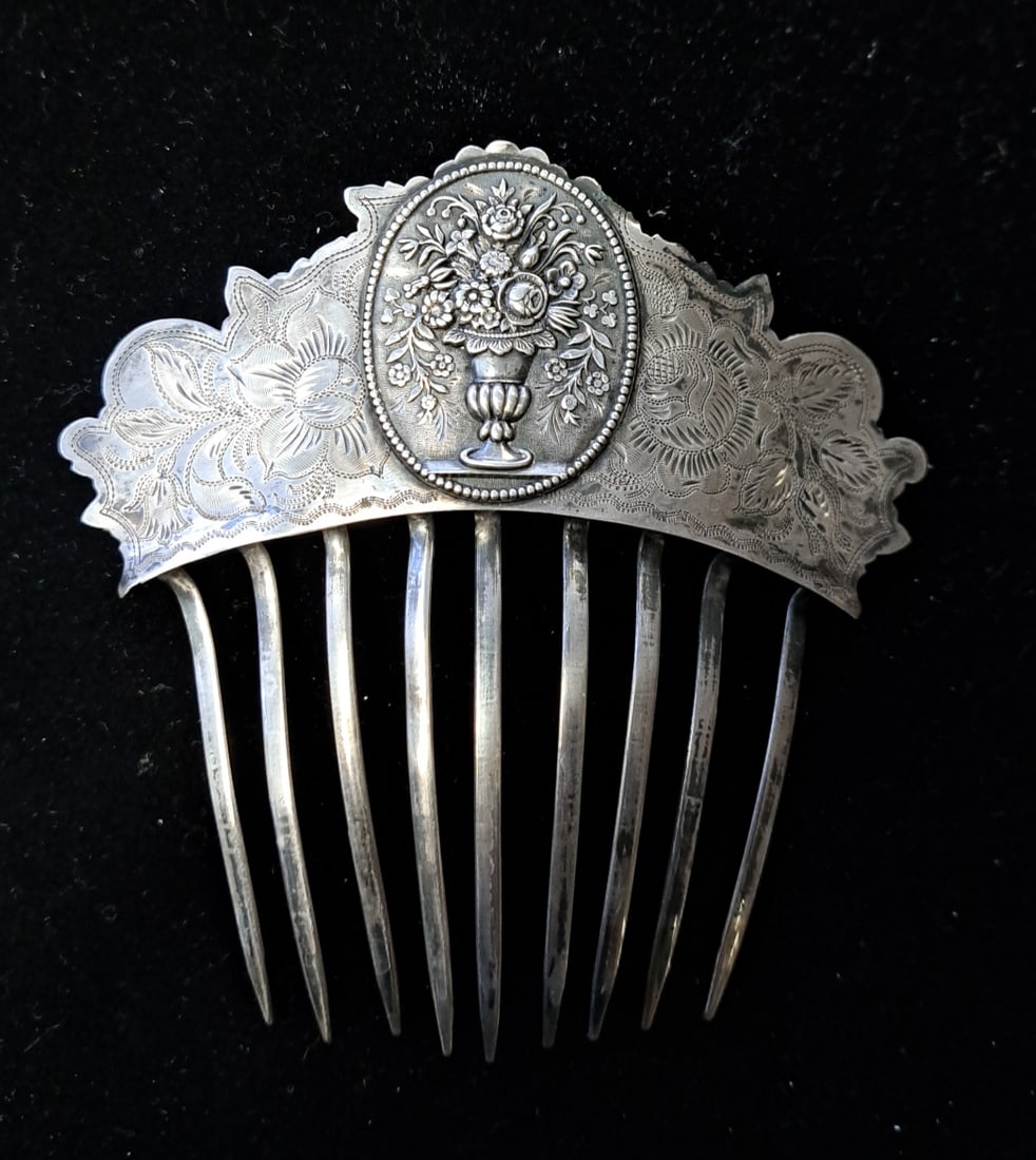19th Century Silver Hair Comb: Tested Sterling. Unmarked. 4 1/2" x 4 1/2" x 1/2" 1.10 ozt