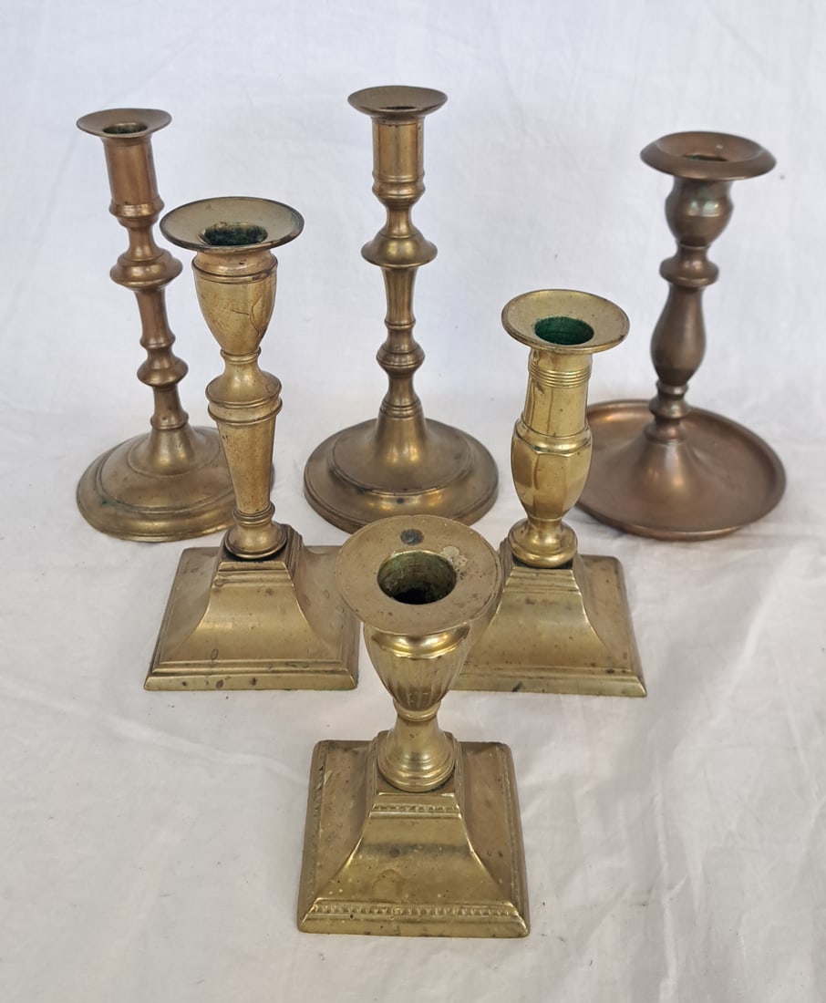 Lot of Six English Brass Candlesticks: Tallest: 8" x 4" Smallest: 4 1/2" tall x 3"