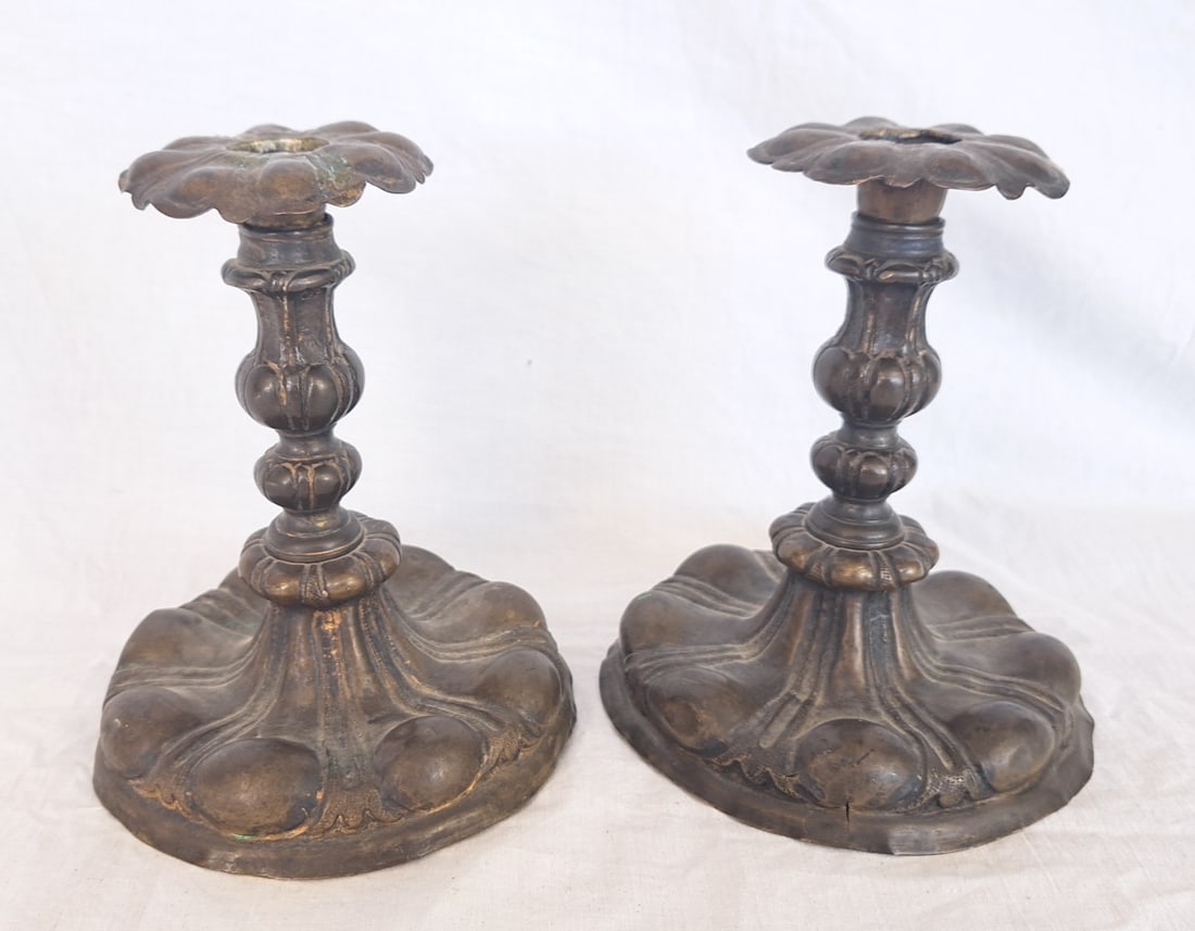 Pair of 17th Century Lightweight Italian Brass Candesticks with Original Bobeches: 6" tall x 5" at base.
