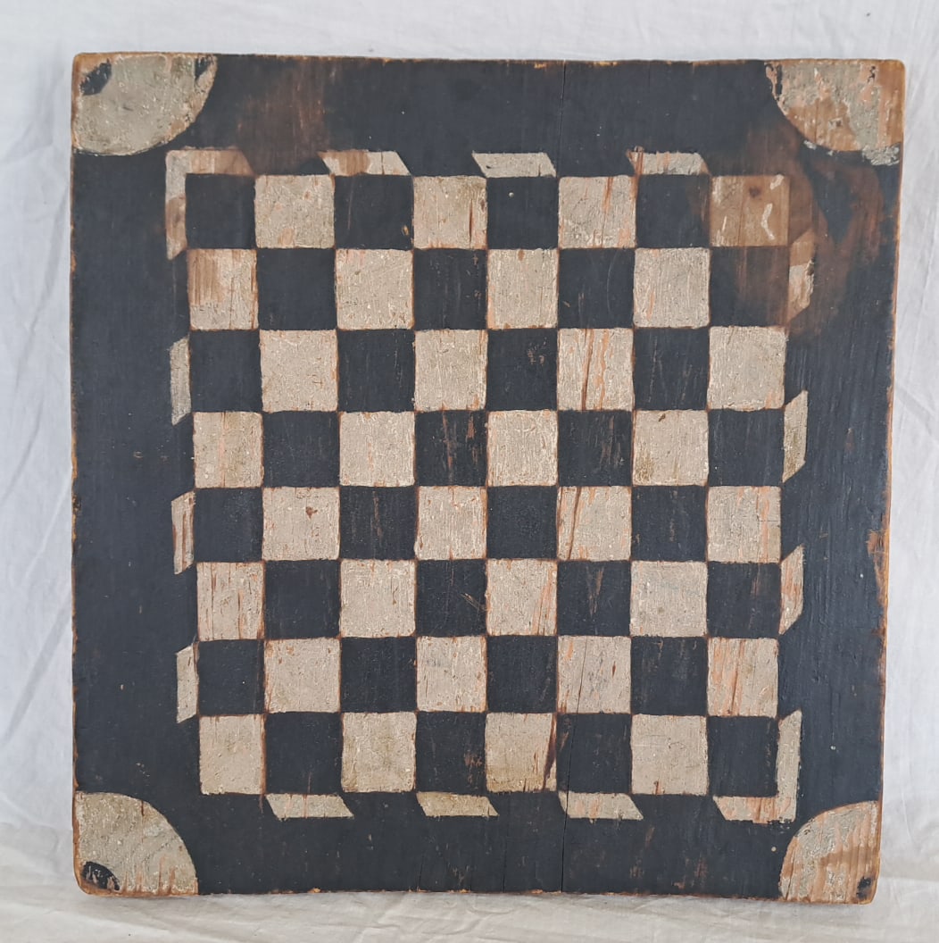 19th Century Painted Wooden Checkerboard: 13 1/8" x 13 1/4" x 7 /8"