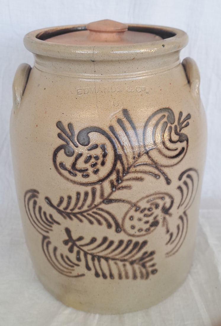 19th Century Two Handled Stoneware Crock by Edmand and Co. with Ochre Decoration (1 of 9)