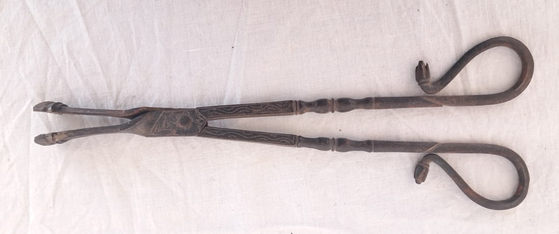 Eary Wrought Iron Tongs with Incised Decoration (1 of 5)