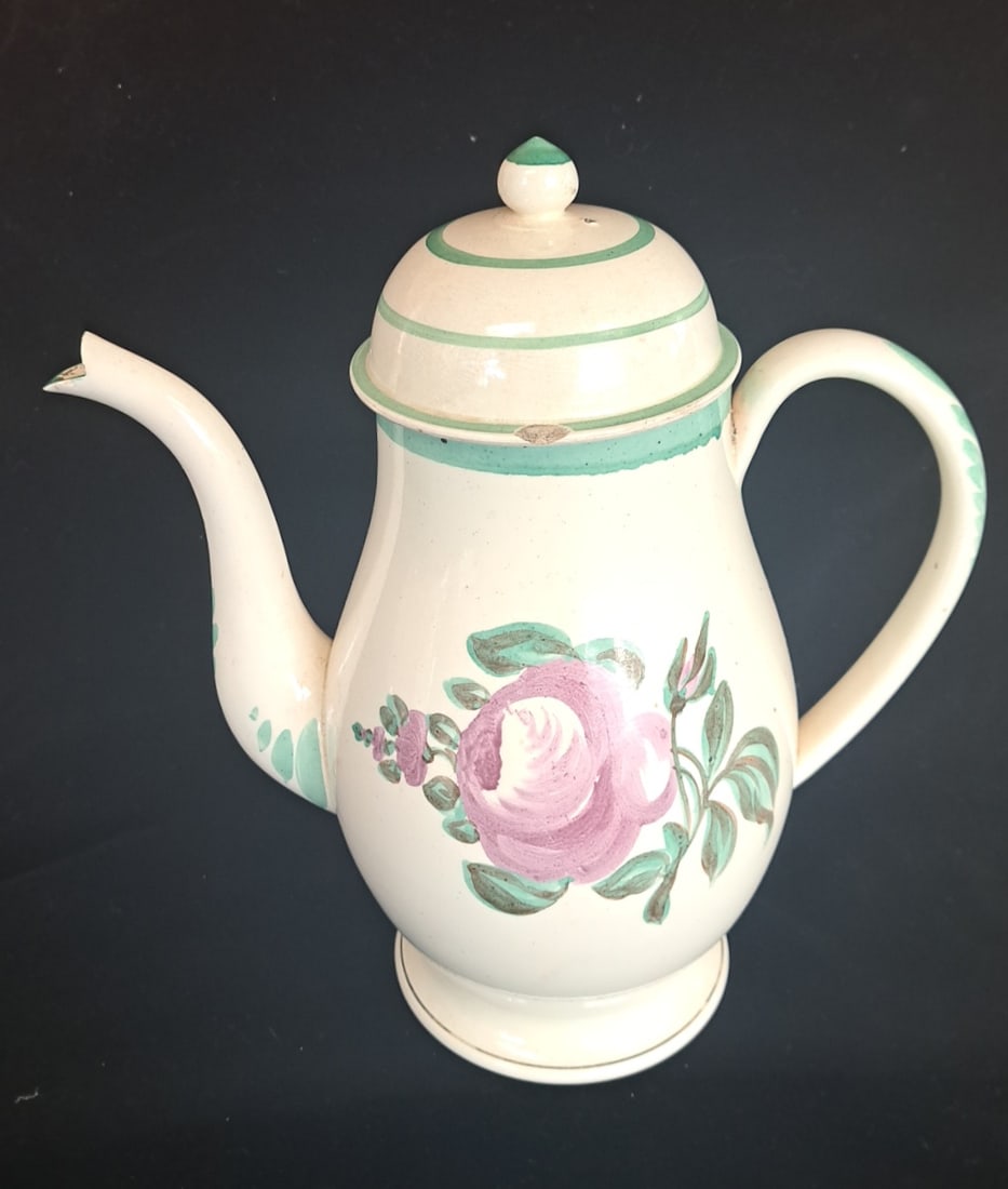 Early Creamware Coffee Pot with Flower Decoration: 11" tall x 10" with spout and handle x 5 1/2" wide