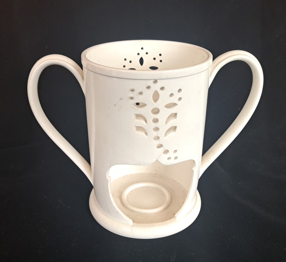 Early Pierced Creamware Two- Handled Warmer: 8 1/2" tall x 7 1/2" with handle x 4" wide