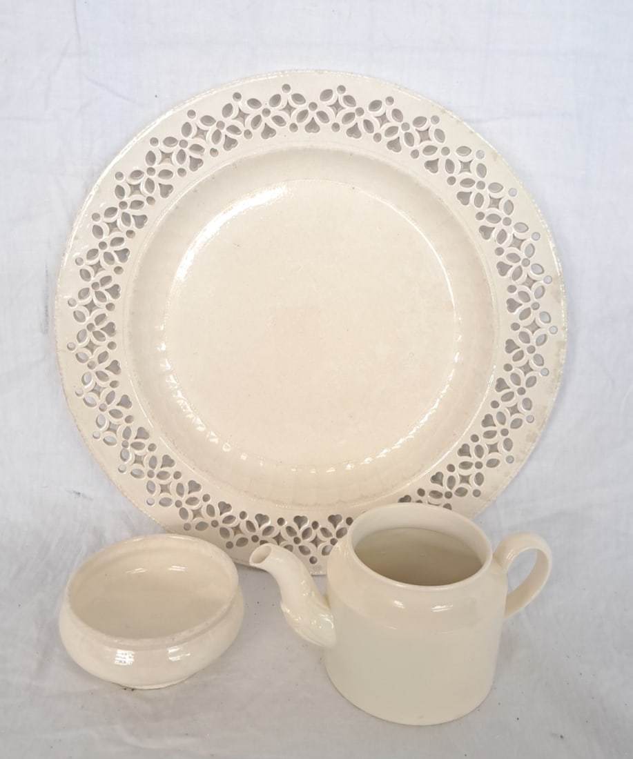 Lot of Three Pieces of Early Creamware- Pierced Plate, Master Salt, & Child's Tea Pot (1 of 7)