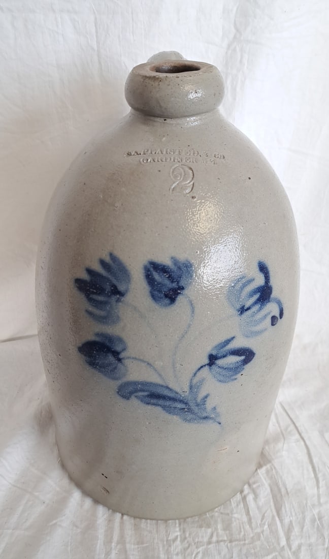 Stoneware Jug with Blue Decoration by "Plaisted & Co." from Gardiner, Maine: 14 1/2" tall x 9" wide with handle.