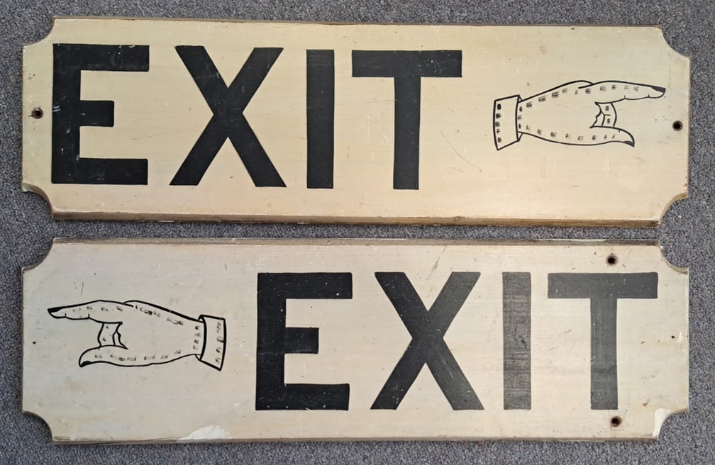 Pair of Wooden Handpainted Exit Signs with Hands: Probably Turn of the Century. 24" long x 7 1/2" tall x 3/4"