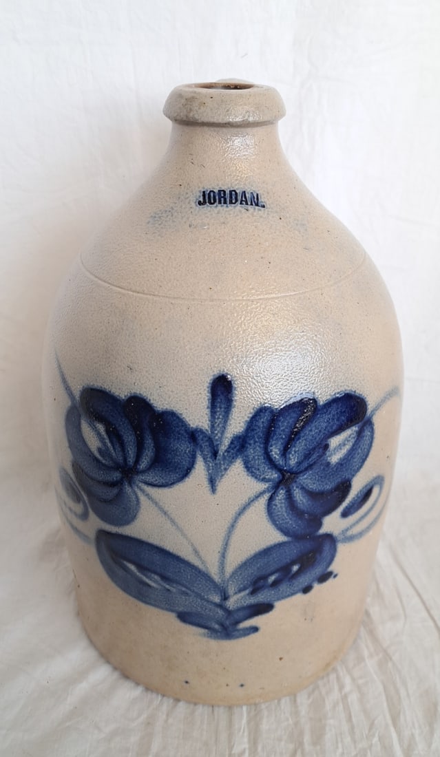 Early Stoneware Jug with Blue Flower Decoration Signed "Jordan" (1 of 6)