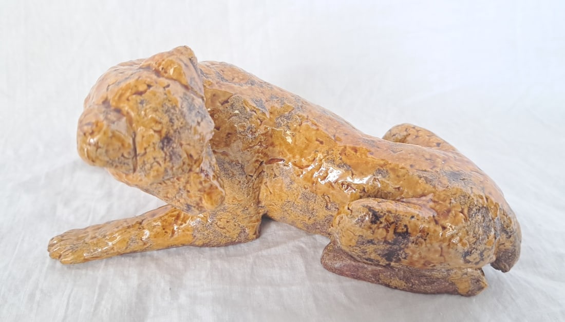 Pottery Dog Sculpture: 3 1/2" tall x 7" long x 4" wide