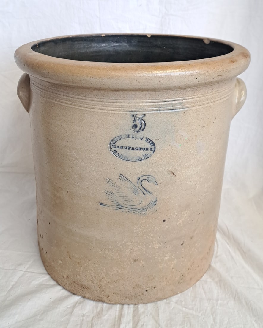 5 Gallon Two Handled Stoneware Crock "Gardiner Stoneware" with Swan from Gardiner, Maine (1 of 8)