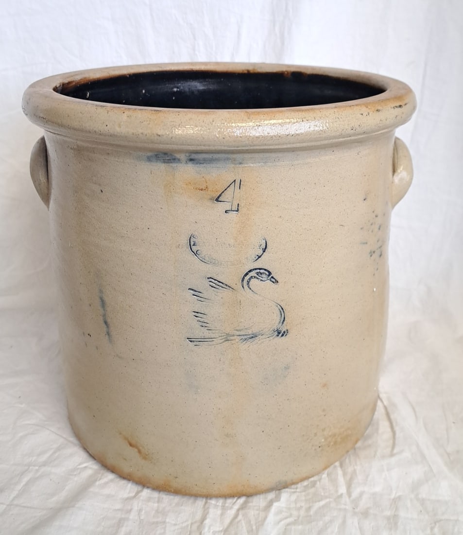 4 Gallon Two Handled Stoneware Crock "Gardiner Stoneware" with Swan from Gardiner, Maine (1 of 7)