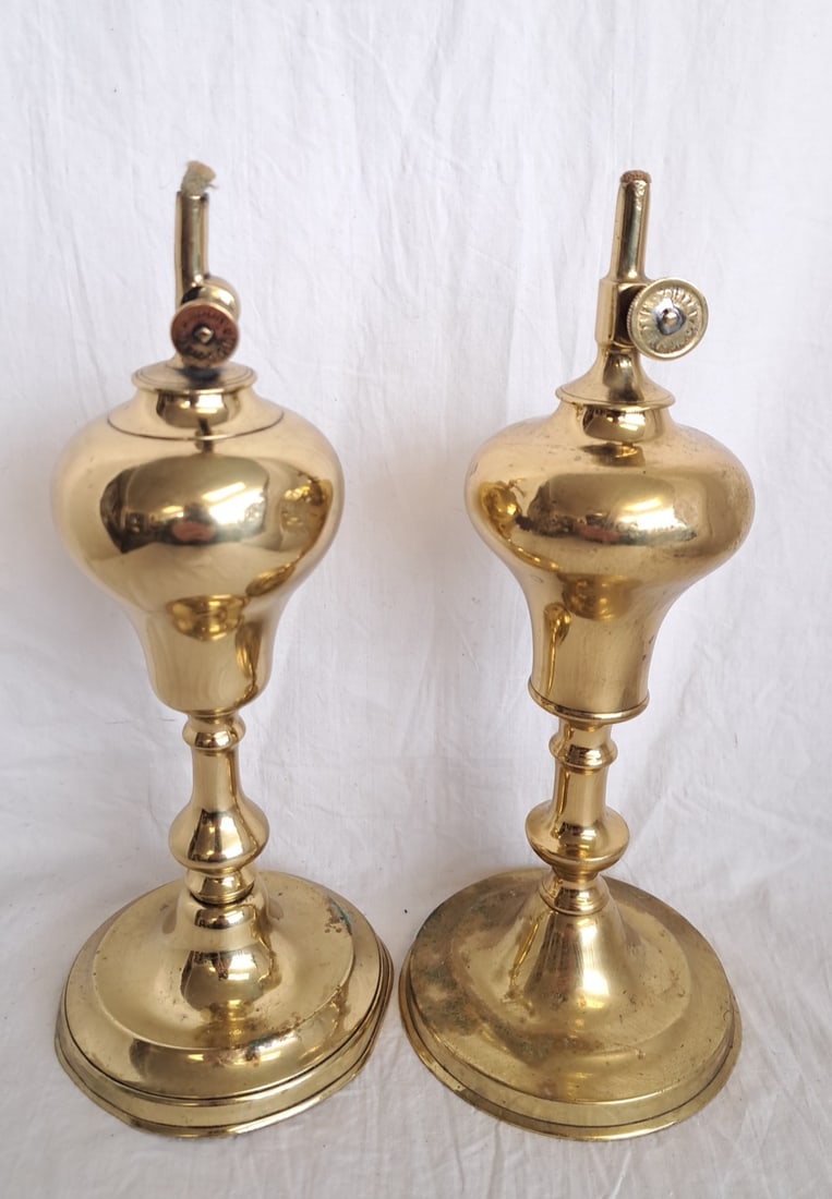 Lot of Two Brass Whale Oil Lamps: Larger: 10" x 4 1/4" at base-has dents Smaller: 9 1/2" x 4" at base.