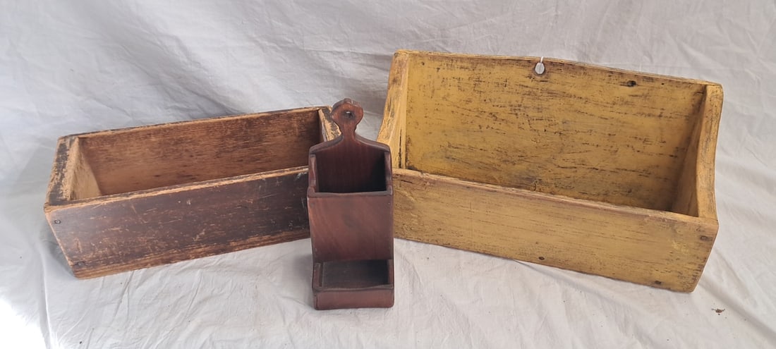 Lot of Three Wooden Boxes Including: A Wall Box, a box, and a Match Keep (1 of 11)