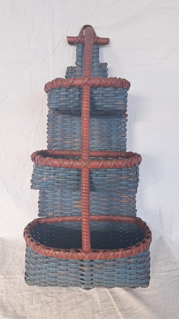 Reproduction Red and Blue Wall Basket: 25" tall x 12 1/2" wide x 6" deep